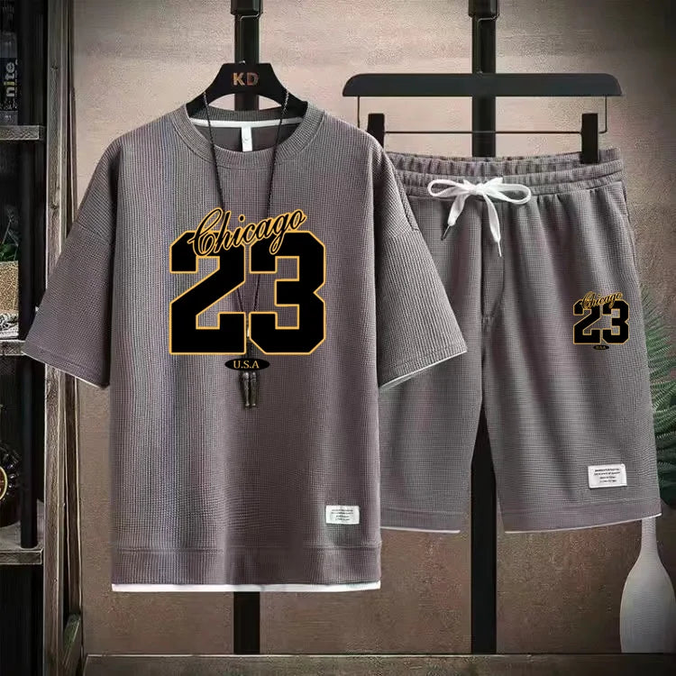 High Quality Men's Korea Comfortable and Summer Fashion Print Sports Suit Fitness Jogging Daily Casual Wear Beach Shorts Set