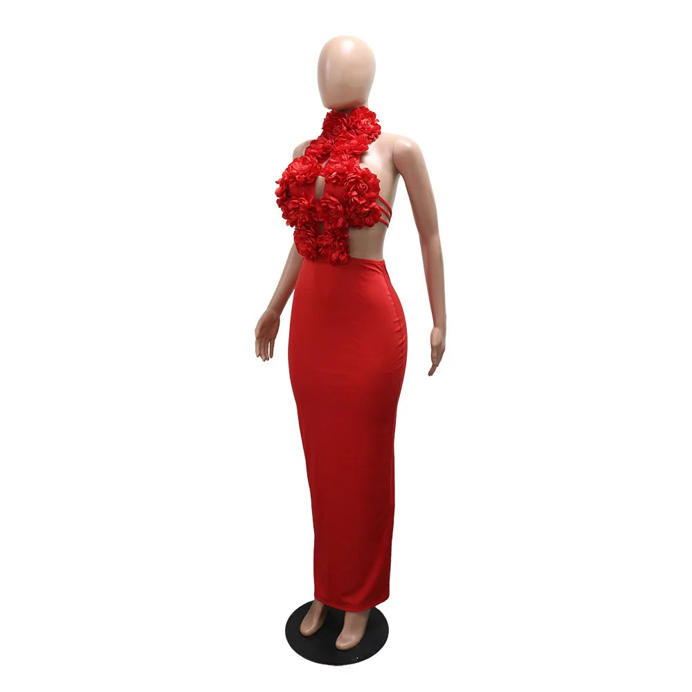 Sister Star Women Dress 2025 Sexy Hottie Solid Color Fresh Hanging Neck Big Flowers Light Luxury Nightclub Party Evening Dresses