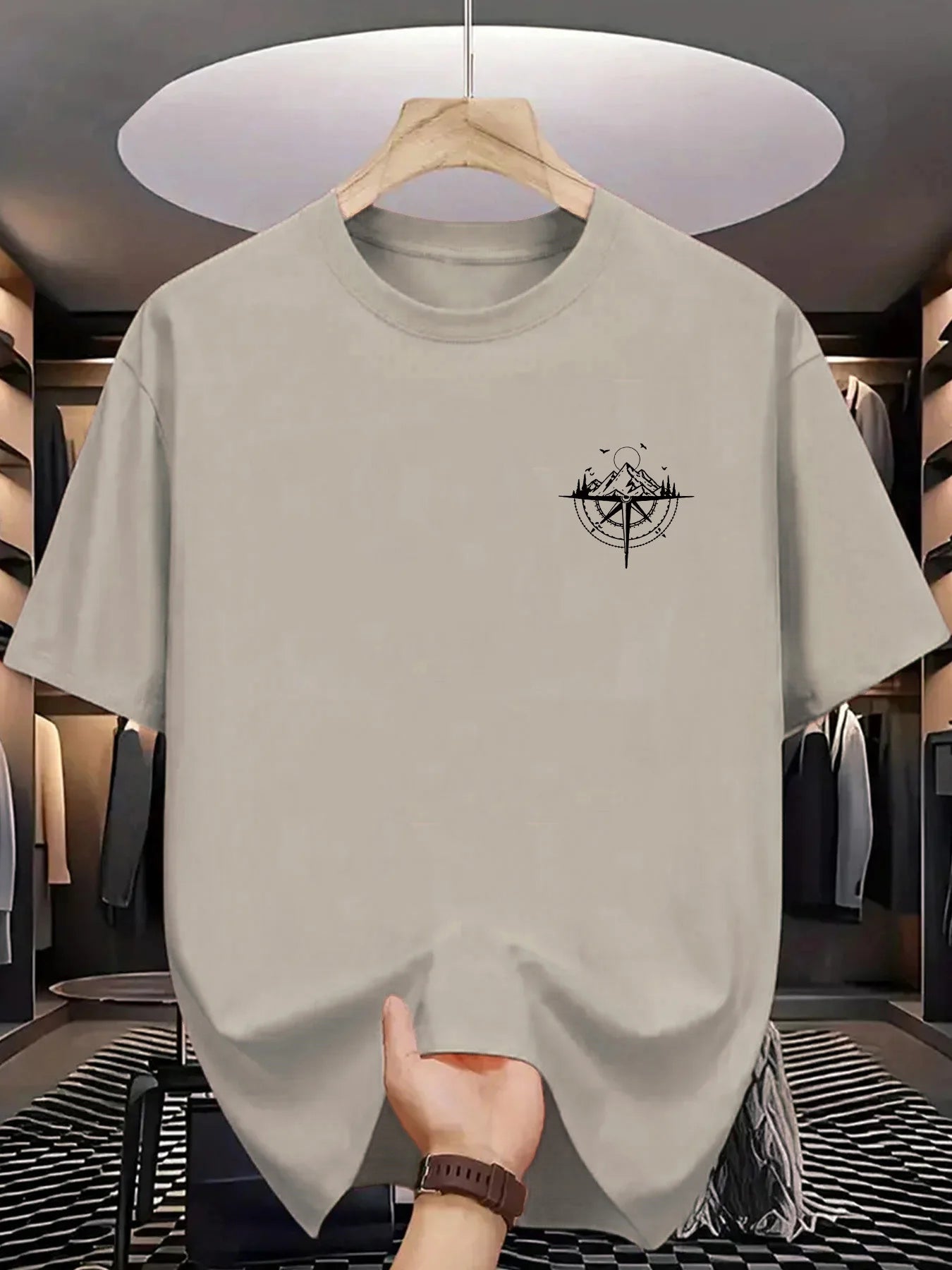 Summer Men's 100% Cotton Mountain Compass Graphic Printed Casual Loose Sports Comfortable Round Neck Short Sleeve T-shirt Top