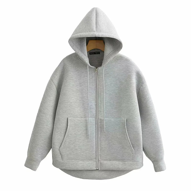 Autumn Women Gray Jacket with Hood Long Sleeve Big Pocket Zipper Jacket Coat Woman Loose Casual Outerwear Coat Tops