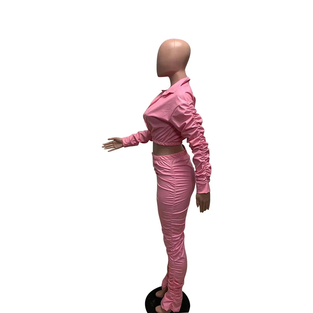 Sexy PU Faux Leather Two Piece Set for Women Birthday Night Club Outfits Crop Top and Slit Stacked Pants Matching Sets Undefined