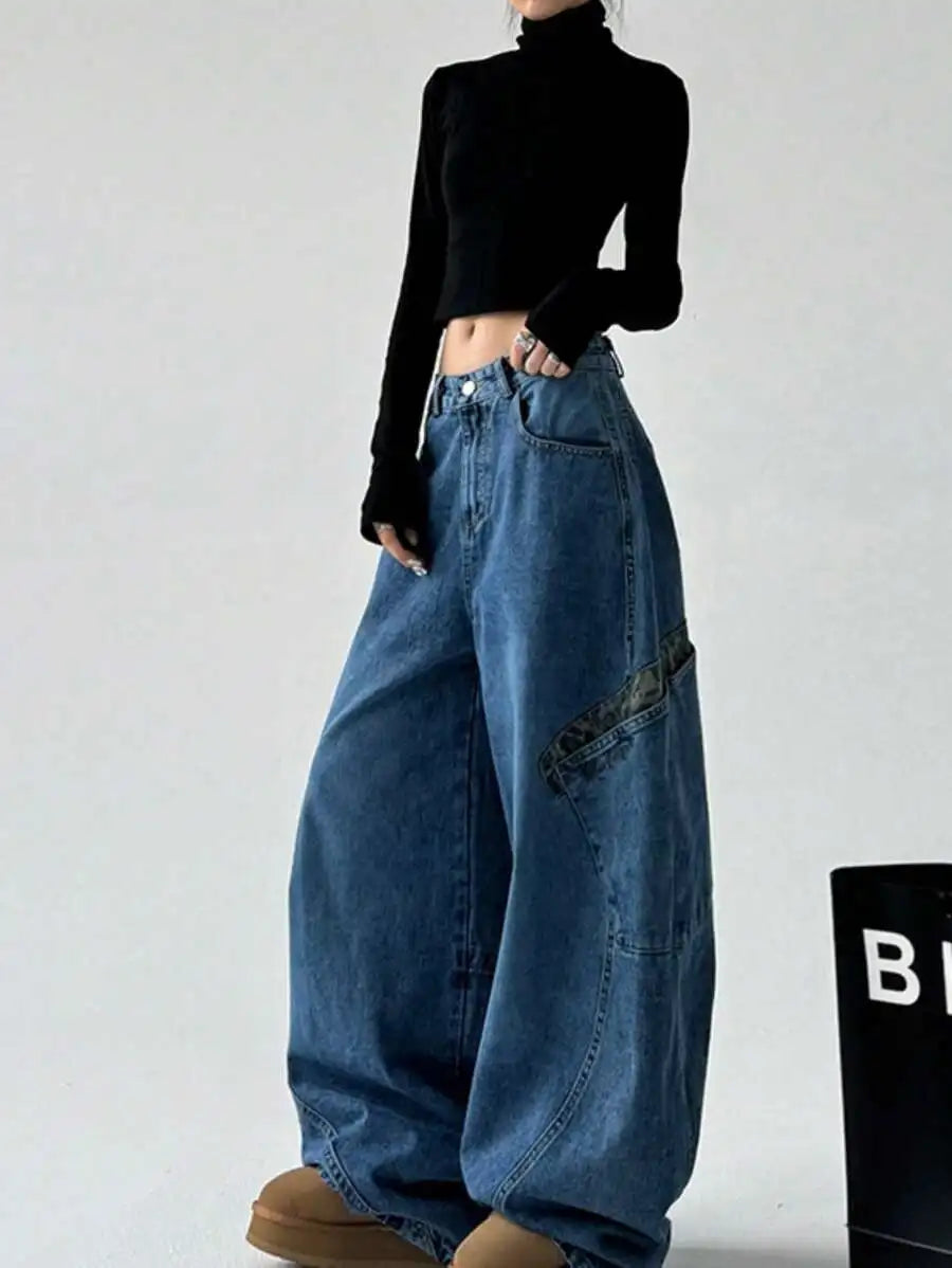 Retro Leopard Handle Joint Quge Denim New Design Sense Straight Wide Pants