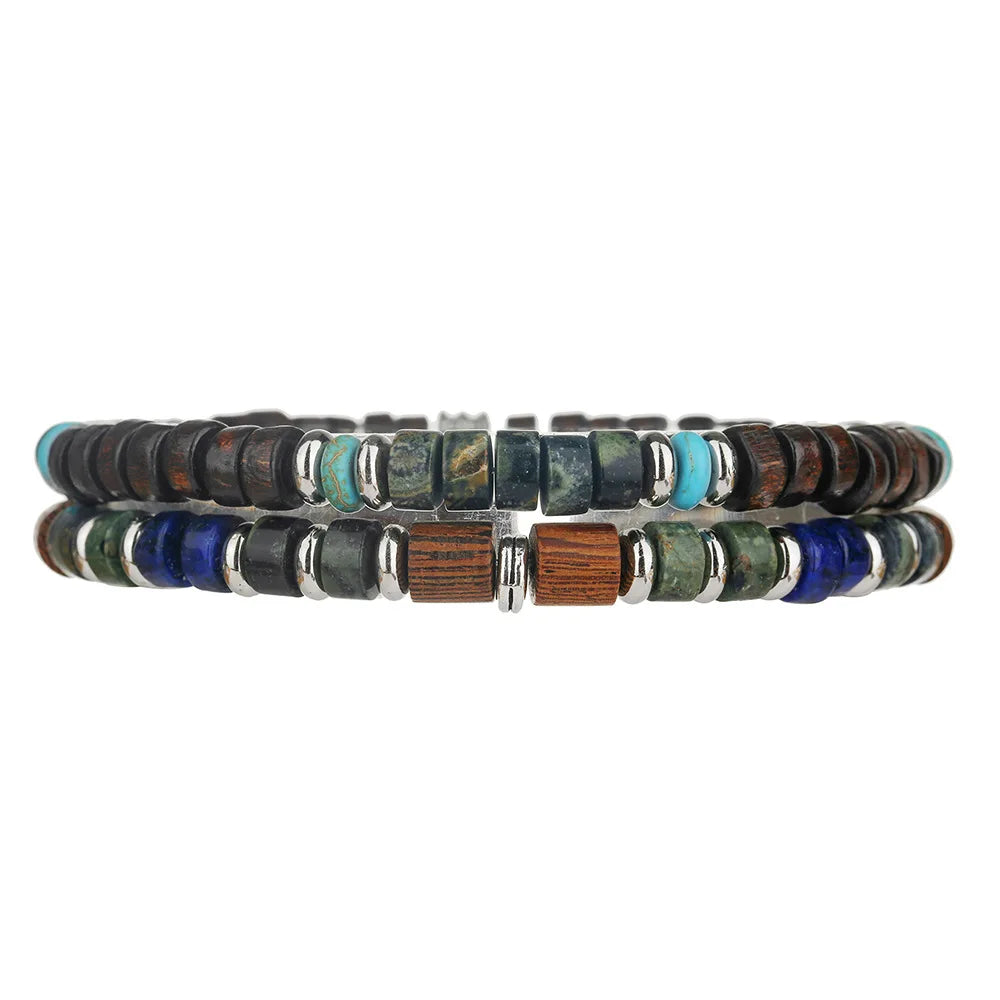 2PC/SET Man's Tribal Wooden Beads Bracelet Set for Men Bohemia Beaded Natural Lapis Lazuli Stone Bracelet Man Pulseras Hombre