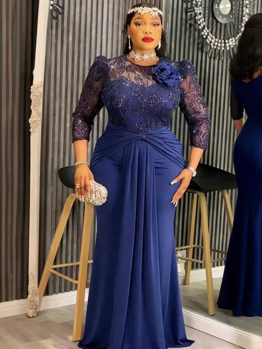 Elegant Women Luxury Party Dresses Sequin Pleated Mermaid Gown Wedding Prom Birthday Dinner Long Dress Ladies Africa Clothing