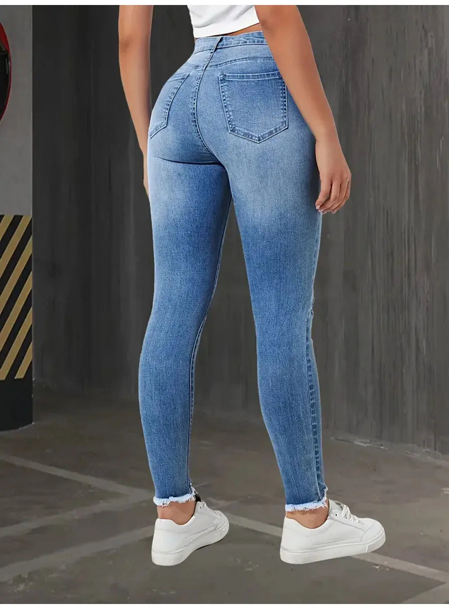Fashion Skinny Hole Jeans Women 2026 Autumn Stretchy High Waisted Ripped Slim Retro Solid Color Denim Trousers Pants