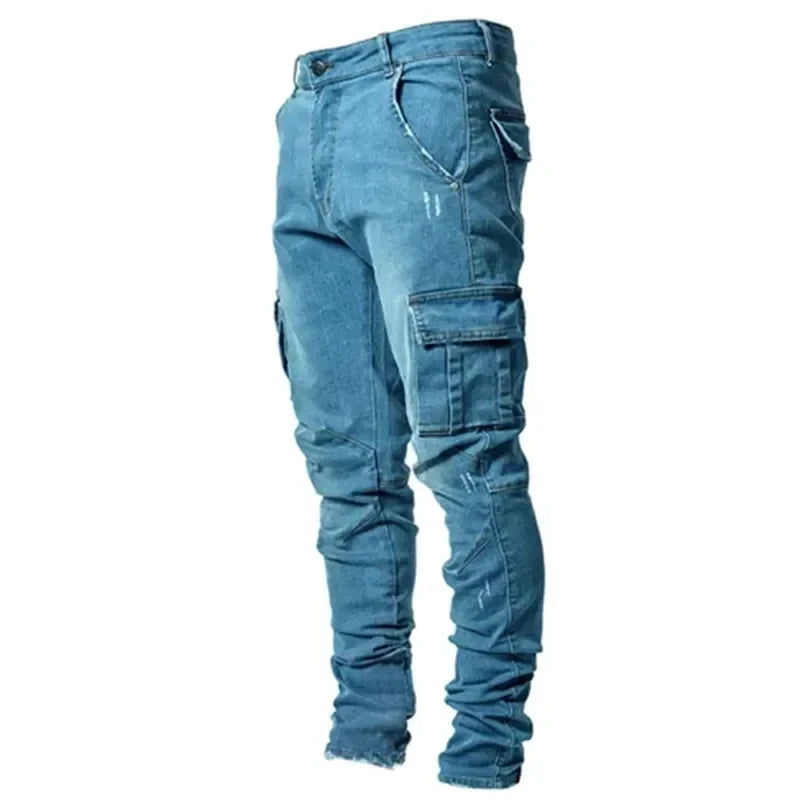 Men Street Elastic Denim Jeans Wash Solid Color Multi Pockets Cargo Pants Casual Slim Fit Daily Wear Joggers Mid Waist Trousers