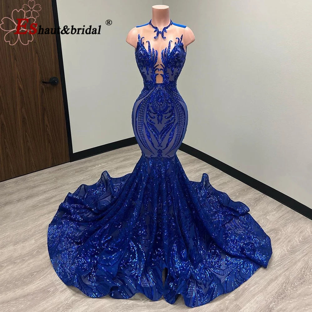 Elegant Mermaid Sequin Prom Party Dresses for Women 2025 O-neck Sleeveless African Long Formal Wedding Evening Gowns Customized