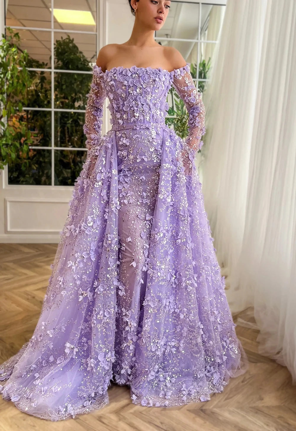 Elegant 3D Flower Evening Dress with Detachable Skirt 2025 & 2026 Luxury Mermaid Long Sleeves Formal Prom Wedding Party Gown Customized