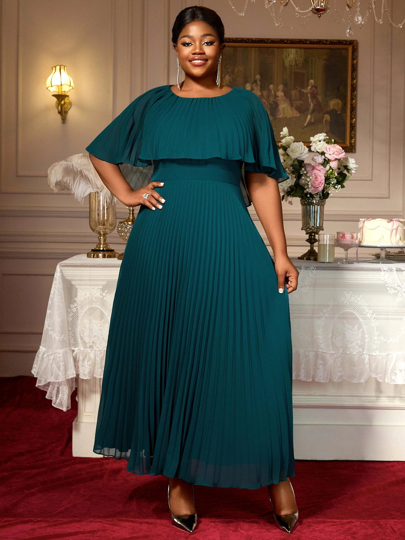 Elegant Plus Size Pleated Maxi Dress O Neck Cloak Sleeve High Waist Perfect for Evening Event Wedding Guest or Formal Occasions
