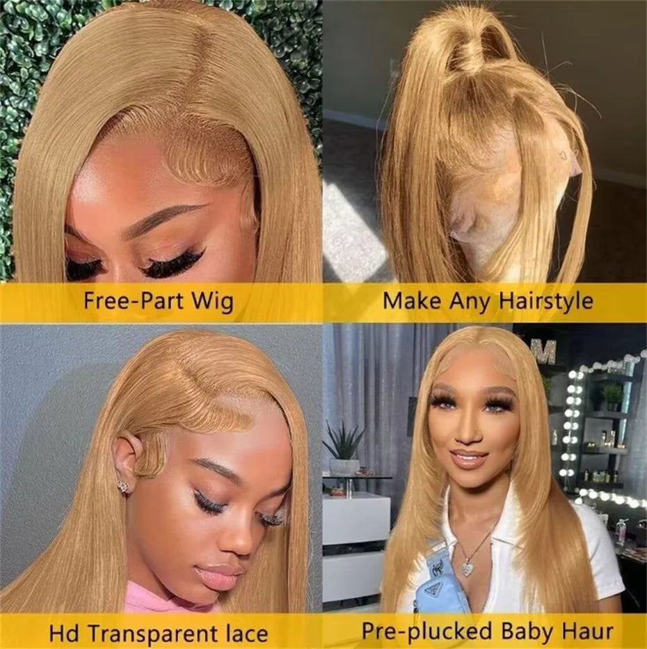 Bone Straight Honey Blonde Wig Human Hair Wigs 13x6 Hd Lace Frontal Wigs For Women 200% Density 27# Colored Lace Front Wigs