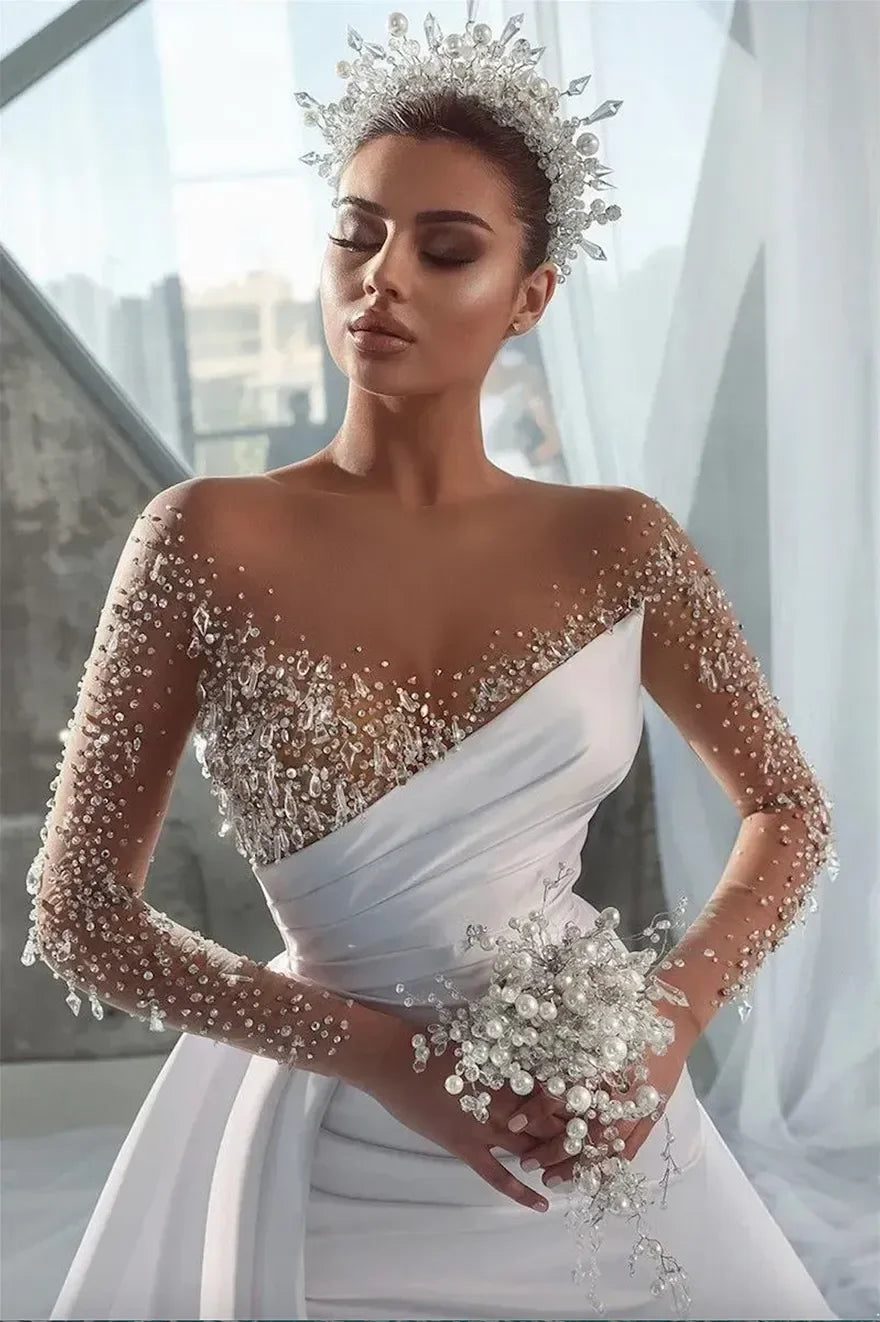 Custom Sexy Sheer Long Sleeve Crystals Jewel Neck Mermaid Wedding Dresses Beads Arabic Dubai Bridal Gowns with Detachable Skirt