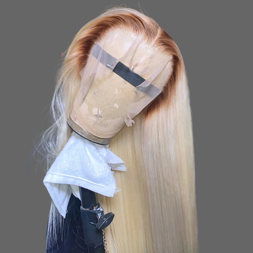 13x6 Blonde Colored Lace Front Human Hair Wigs Platinum With Brown Roots Pre-Plucking Transparent Lace Frontal Wig For Women