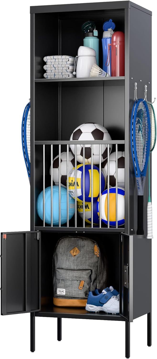 Metal Sports Fence Locker Is Suitable For School,Storage Locker With Hooks & Lock Door,Storage Sports Equipment For Gym, Ball Park,Stadium,Garage,Assembly Required,Black