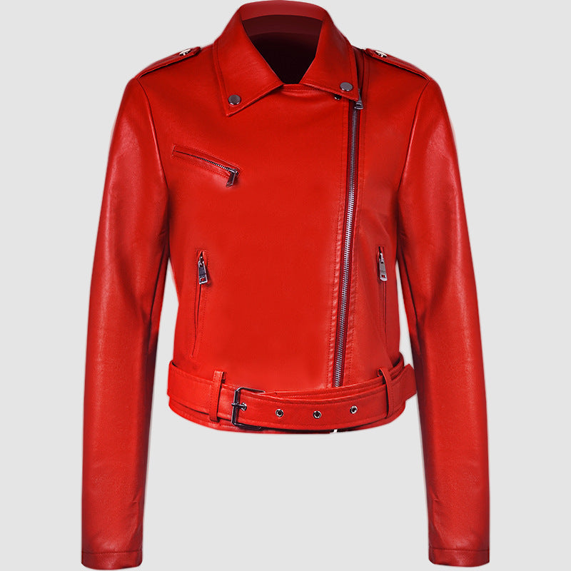 Lapel Short Belt Women's PU Simple Leather Jacket Motorcycle Jacket