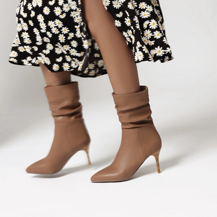 Women's Boots With Stiletto Heels And Short Pleated Mid-tube Boots