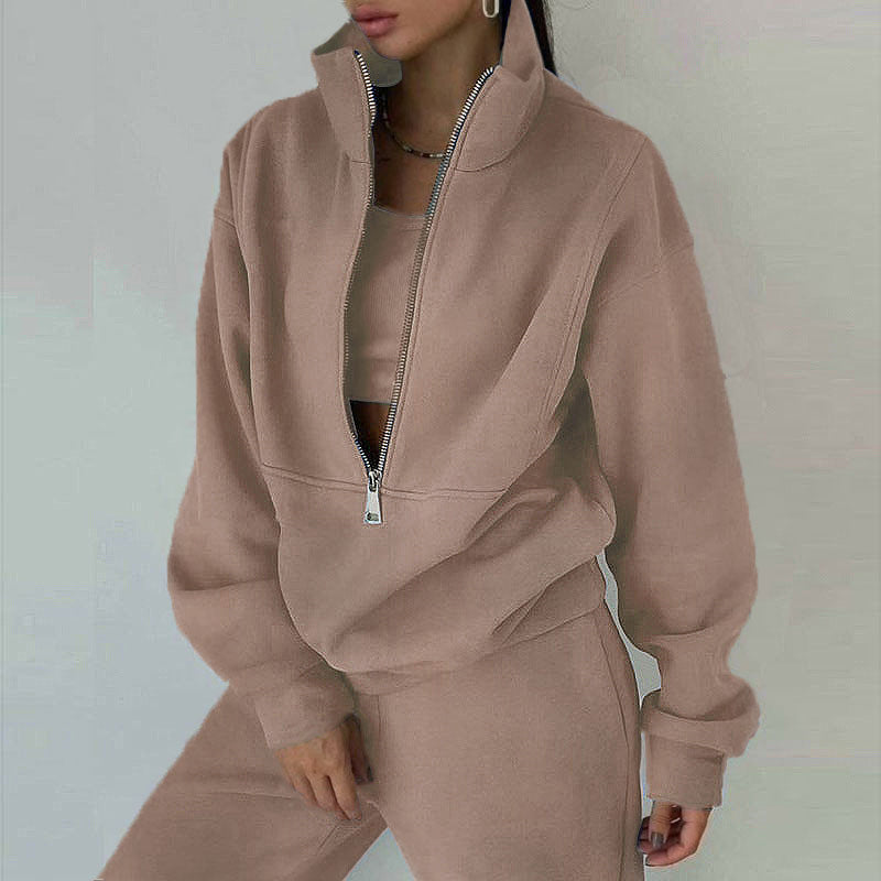 Women's 2-Piece Zip Neck Long Sleeve Sweatshirt & Slim Fit Pants Set - Sporty Streetwear Outfit For Fall&Winter