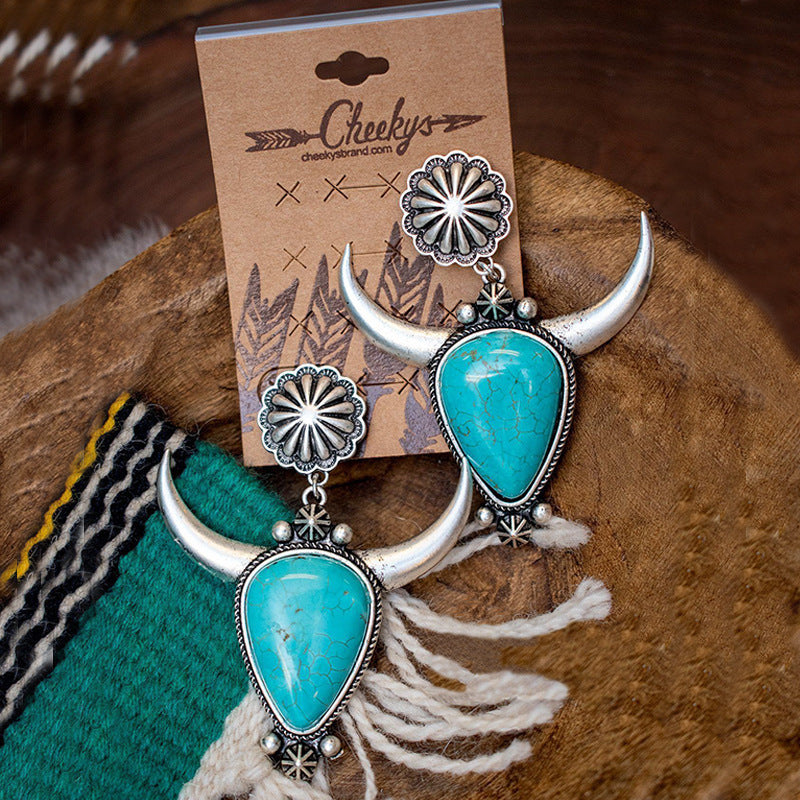 Women's Vintage Boho Drop Turquoise Bull Head Earrings