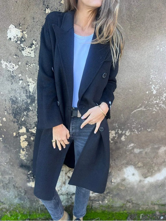 Women's Mid-length Lapel Long Sleeve Double-breasted Casual Jacket