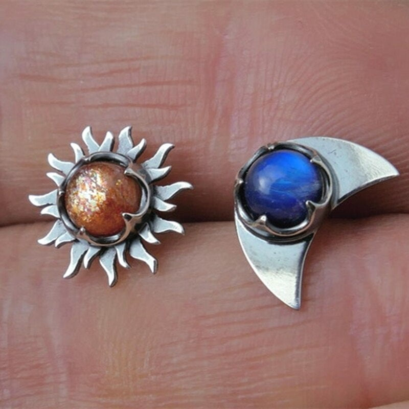 Sun Moon Jeweled Stud Earrings Vintage Fashion Boho
