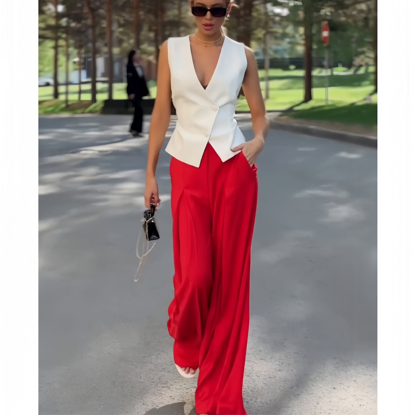 Women's Fashion Deep V-neck Sleeveless Top High Waist Wide Leg Pants Two-piece Set