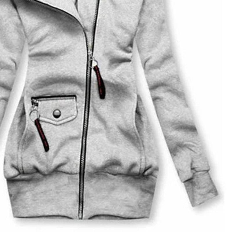 Women's Solid Color Long Sleeve Zip-Front Drawstring Hooded Jacket With Pockets Slim Fit Pleated Detail Top For Spring&Fall