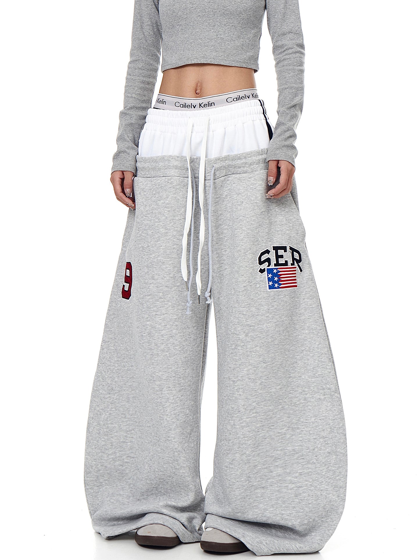 American-style Retro Double-waist Stitching Letter Curved Knife Sweatpants