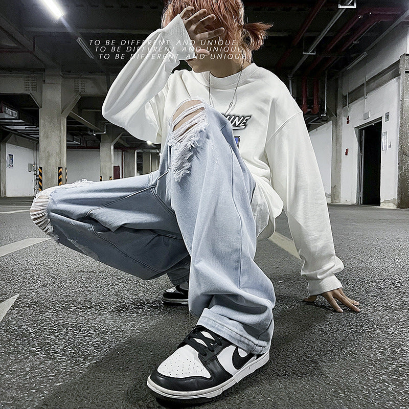 Men's Solid Color Ripped Denim Cropped Pants