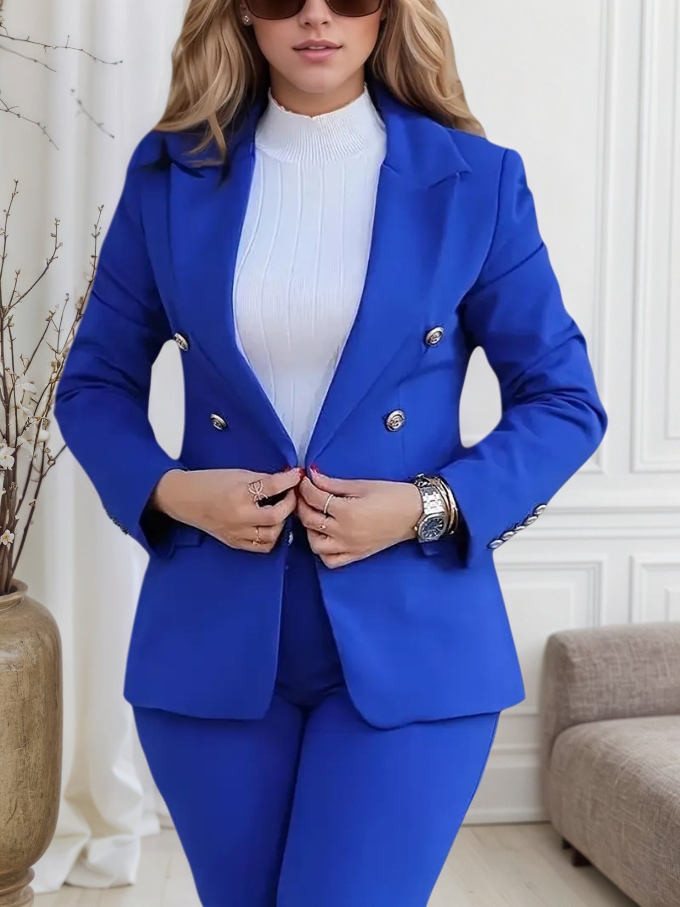 2025 New High-quality Women's Clothing Solid Color Slim Fit Casual Fashion Waist Double Breasted Two-piece Set, Machine Washed, Spring And Autumn Fashion Casual Set