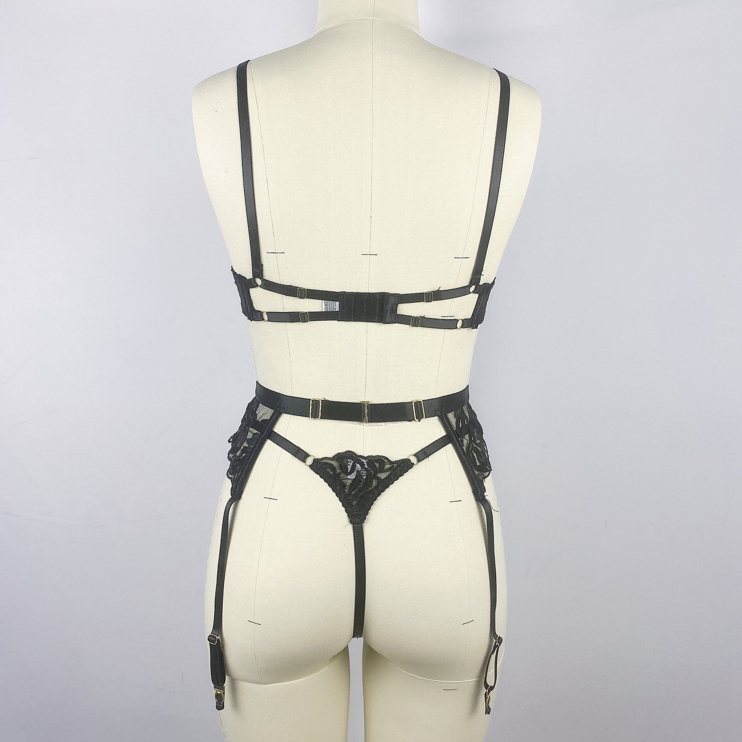 Black Flower Embroidered Ribbon Steel Ring Bra T-back Three-piece Set