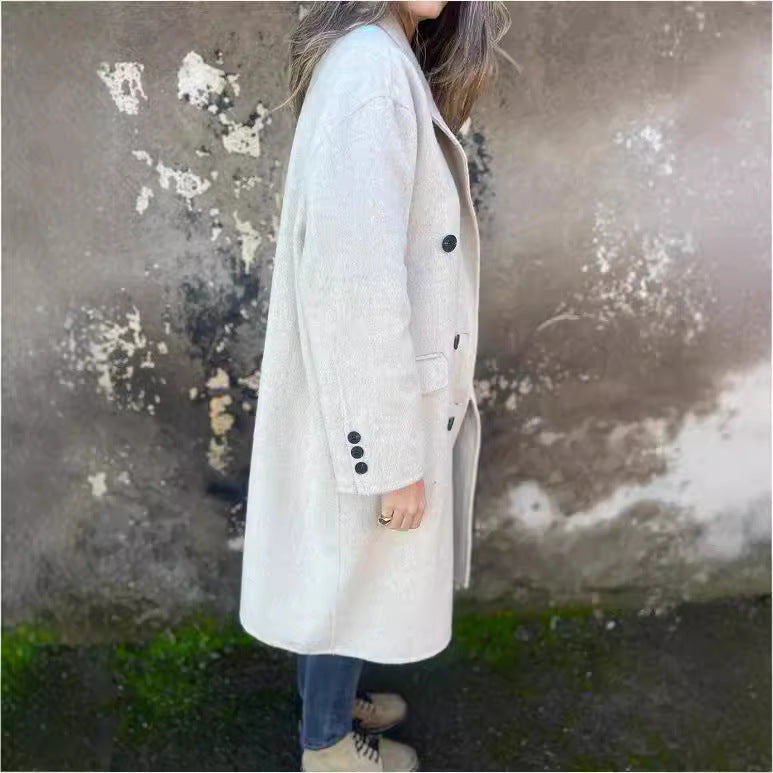 Women's Mid-length Lapel Long Sleeve Double-breasted Casual Jacket