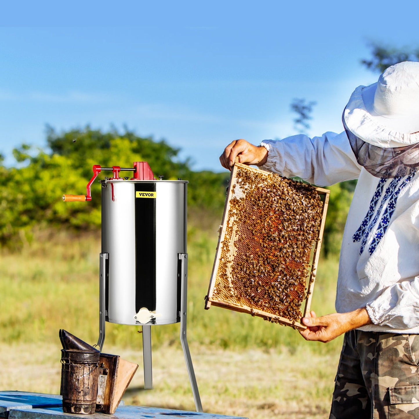 Manual Honey Extractor, Frames Honey Spinner Extractor, Stainless Steel Beekeeping Extraction, Honeycomb Drum Spinner With Lid, Apiary Centrifuge Equipment With Height Adjustable Stand