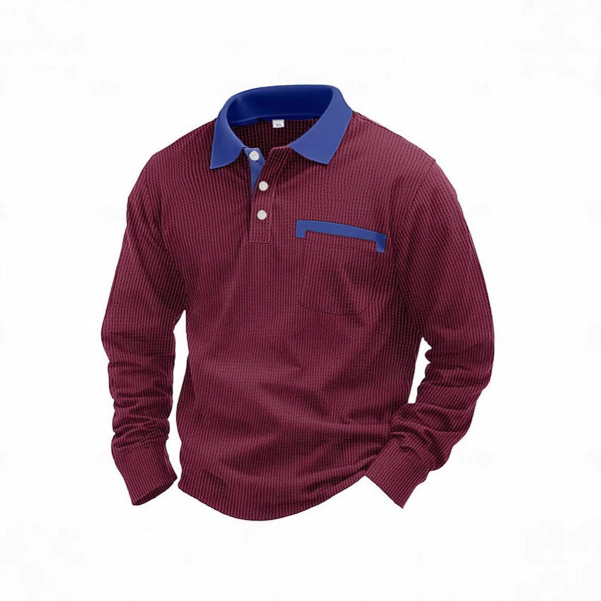 Men's Long-sleeved Waffle Polo Shirt Top