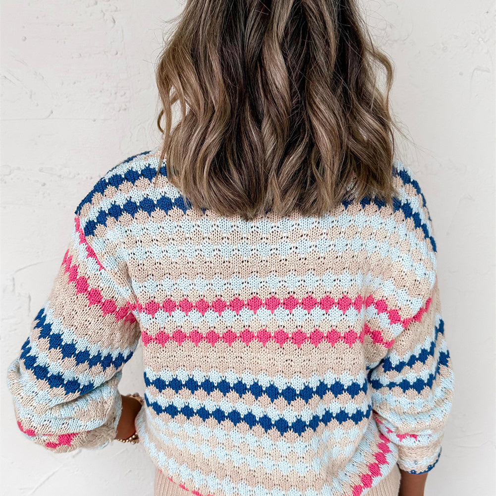 Women's Loose Contrast Color Striped Round Neck Pullover Sweater