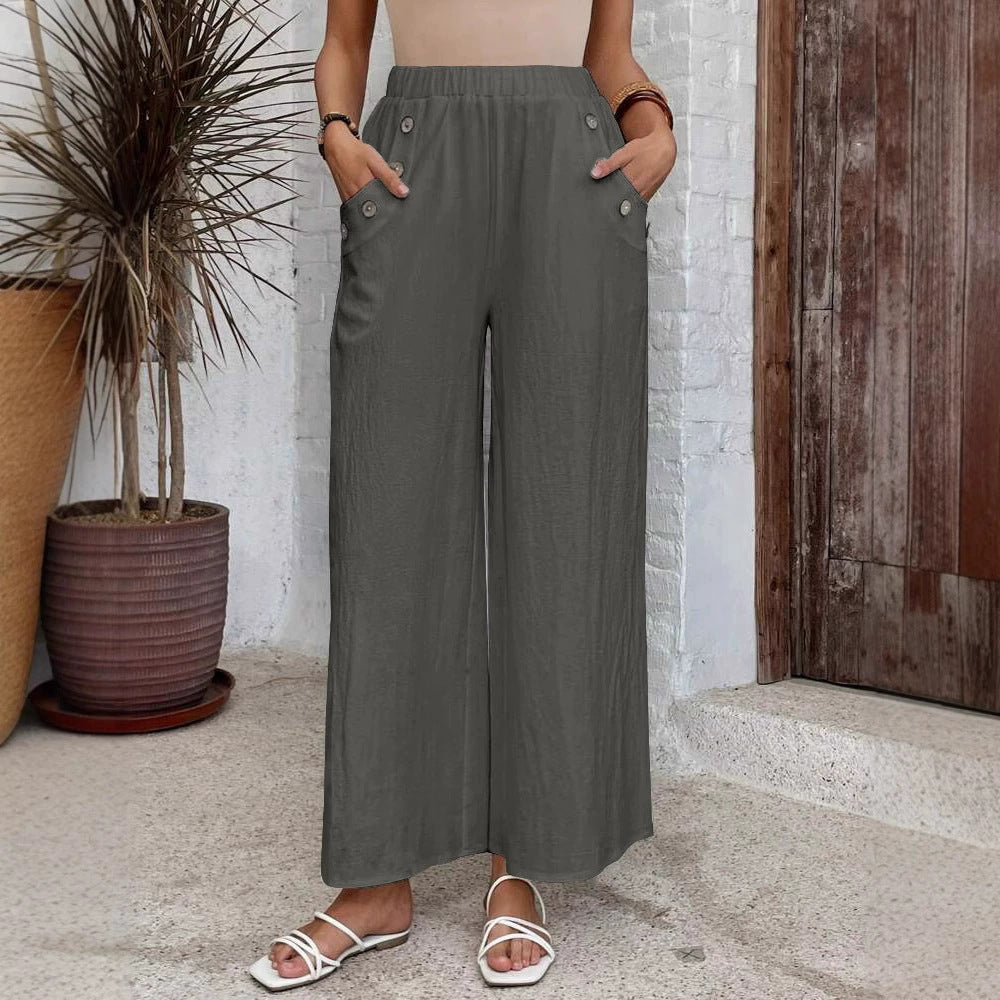 Women's Casual Elastic High Waist Loose Trousers Solid Color Wide Leg Pants