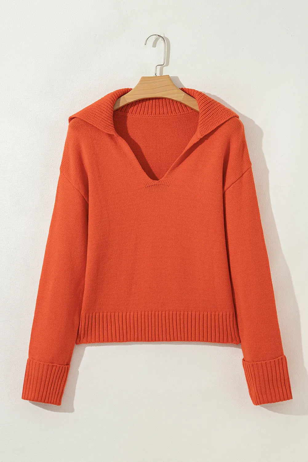 Flamingo Collared V Neck Ribbed Edge Elegant Sweater