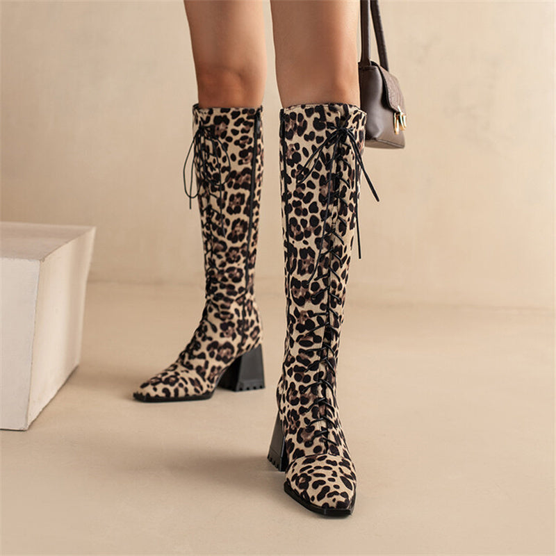 Leopard Print Boots With Pointed Toes And Thick Heels