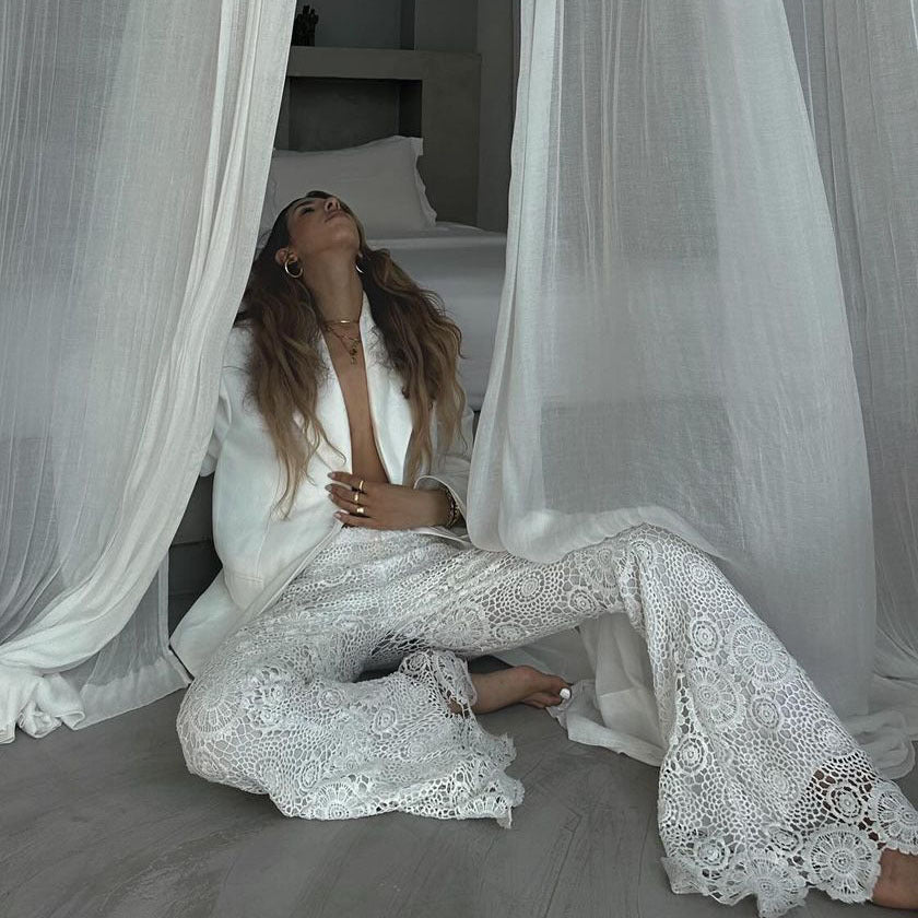 French Style Lace Casual See-through Vacation Style Trousers