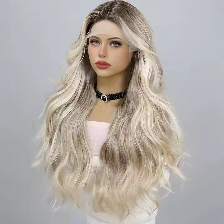 European And American Fashion T-shaped Lace Gold Gradient Wavy Curly Hair Wigs Shipped From Warehouse