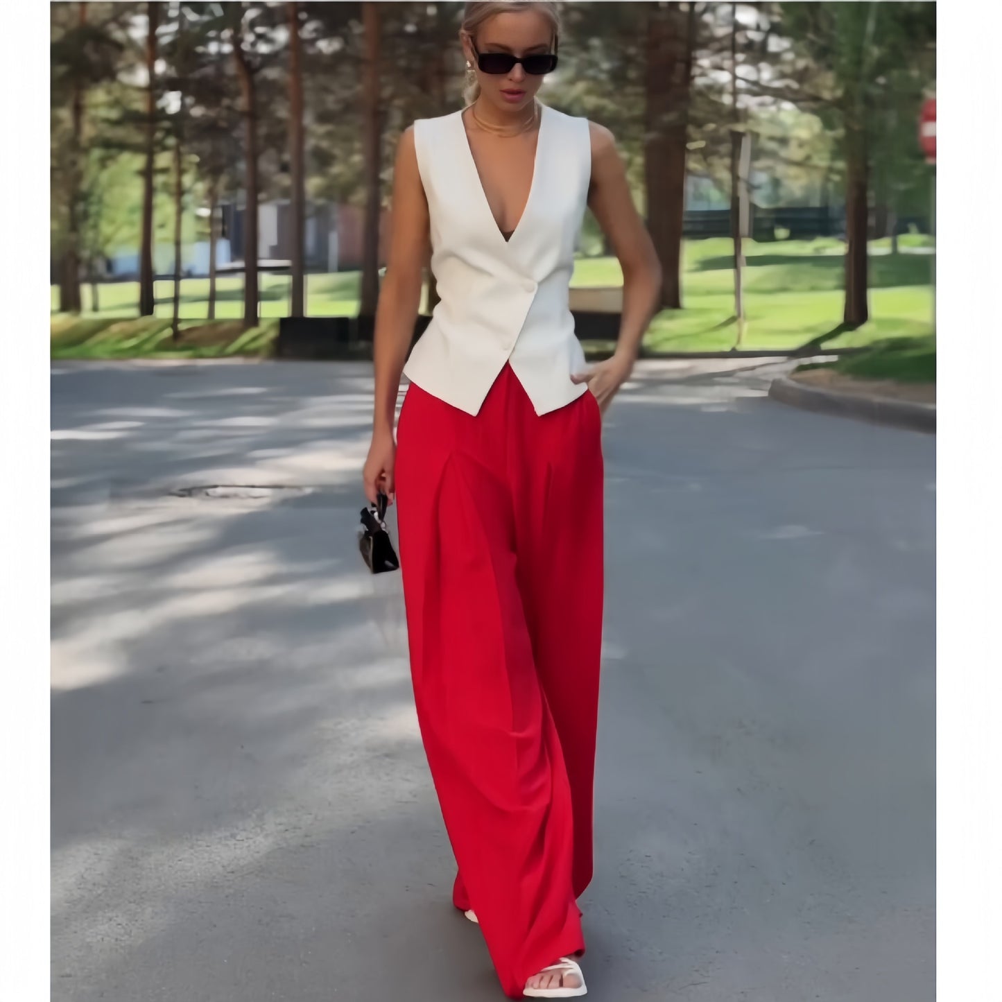 Women's Fashion Deep V-neck Sleeveless Top High Waist Wide Leg Pants Two-piece Set