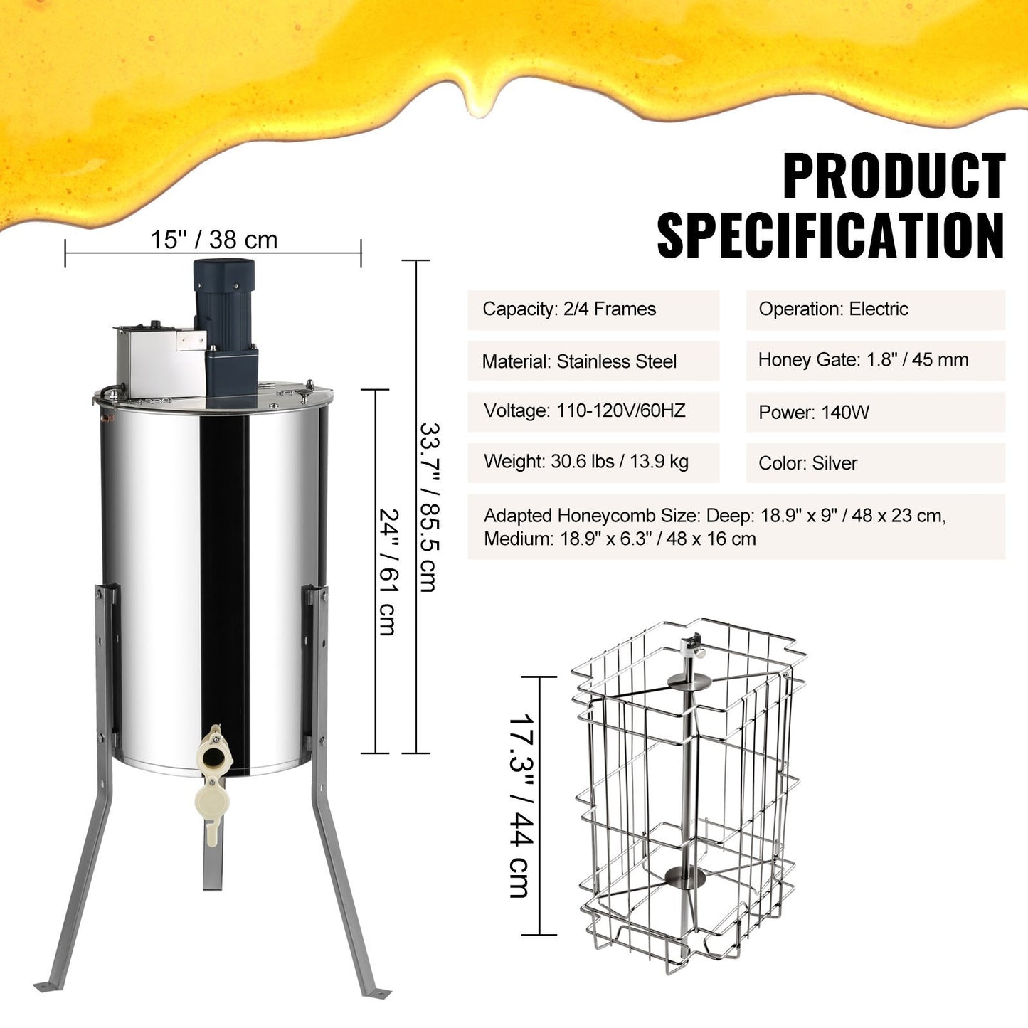 Electric Honey Extractor, Frames Honey Spinner Extractor, Stainless Steel Beekeeping Extraction, Apiary Centrifuge Equipment With Height Adjustable Stand, Honeycomb Drum Spinner With Lid