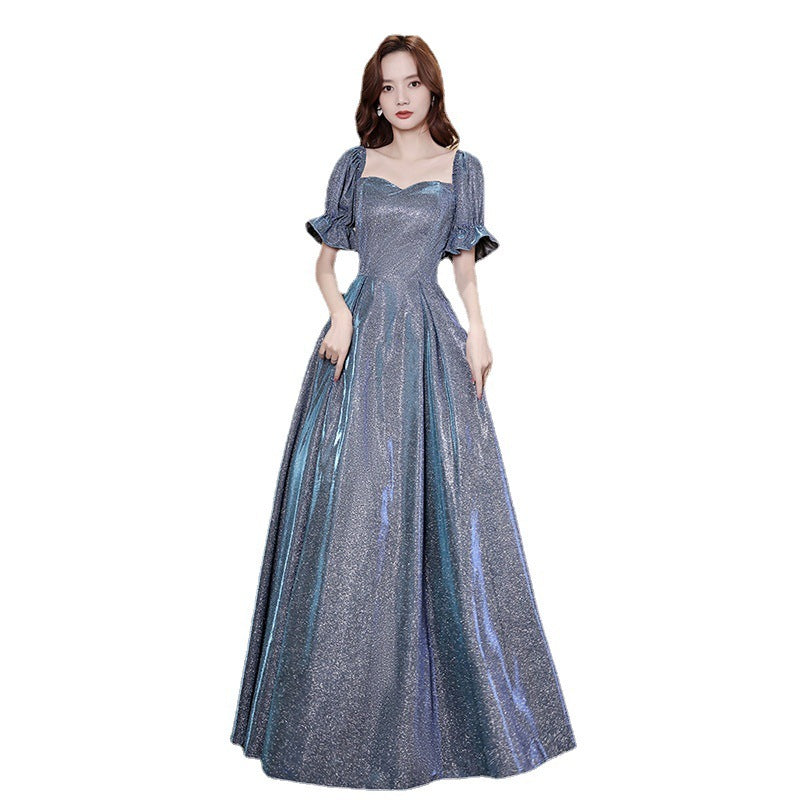 Elegant Sparkly Starry Princess Scoop Neck Puff Sleeve Floor Length Prom Gown Evening