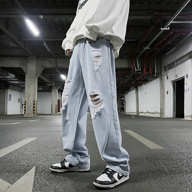 Men's Solid Color Ripped Denim Cropped Pants