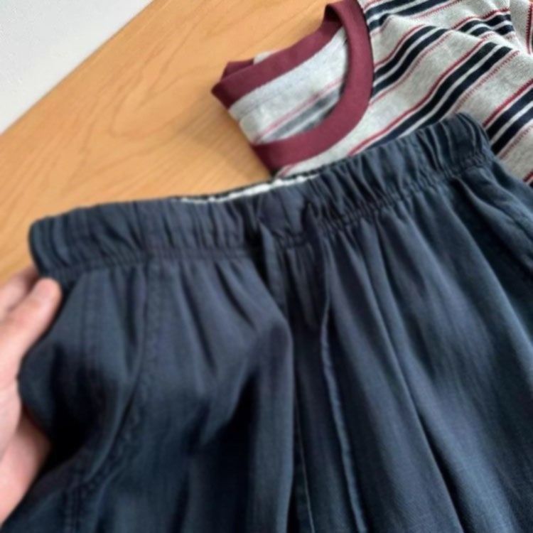 Blue Elastic Waistband Lace-up Cotton Linen Wide-leg Pants