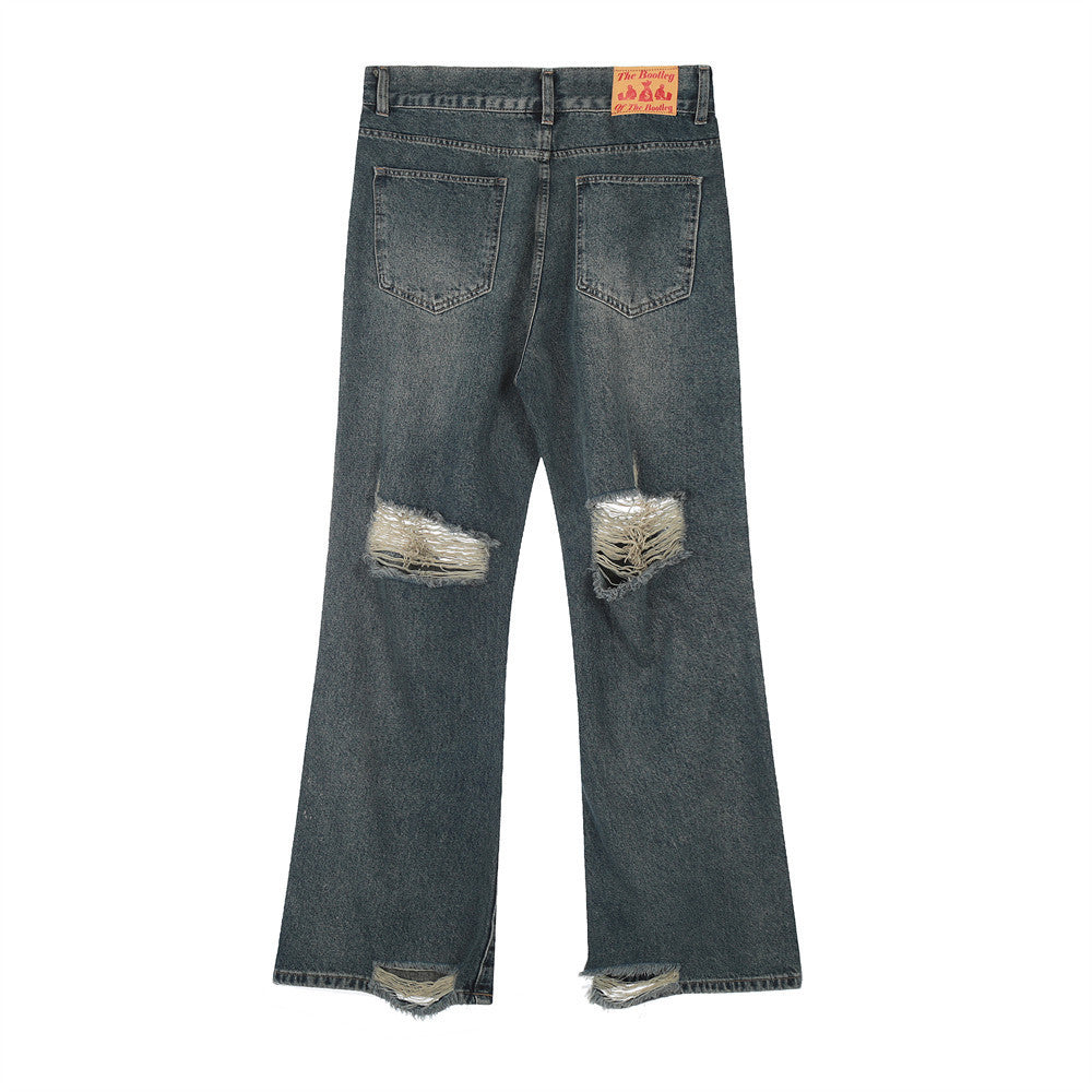 Embroidery Hole Slightly Flared Jeans Men