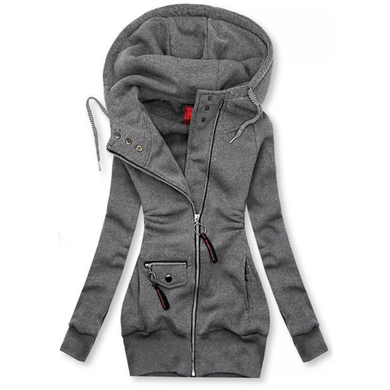 Women's Solid Color Long Sleeve Zip-Front Drawstring Hooded Jacket With Pockets Slim Fit Pleated Detail Top For Spring&Fall