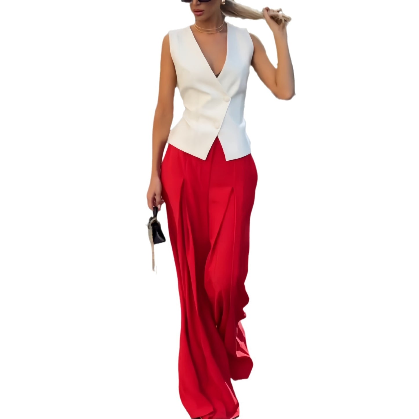 Women's Fashion Deep V-neck Sleeveless Top High Waist Wide Leg Pants Two-piece Set