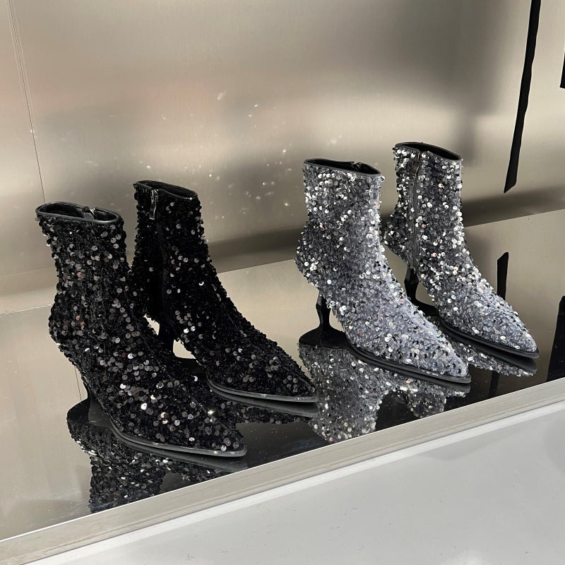 Pointy Toe Nude Boots Mid-heel Autumn And Winter Fashion Temperament Black High Heels