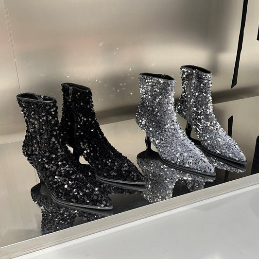 Pointy Toe Nude Boots Mid-heel Autumn And Winter Fashion Temperament Black High Heels
