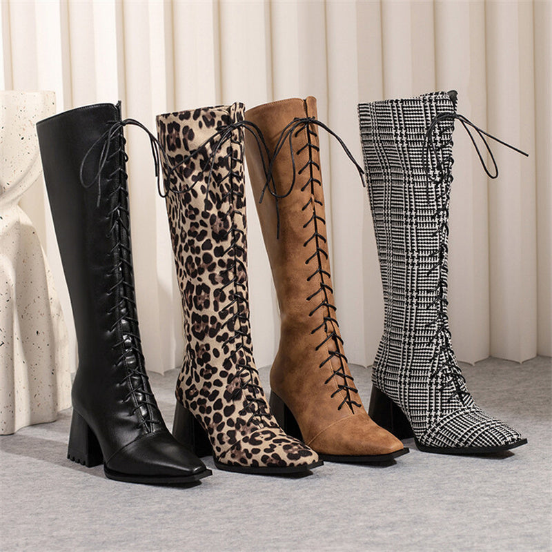 Leopard Print Boots With Pointed Toes And Thick Heels