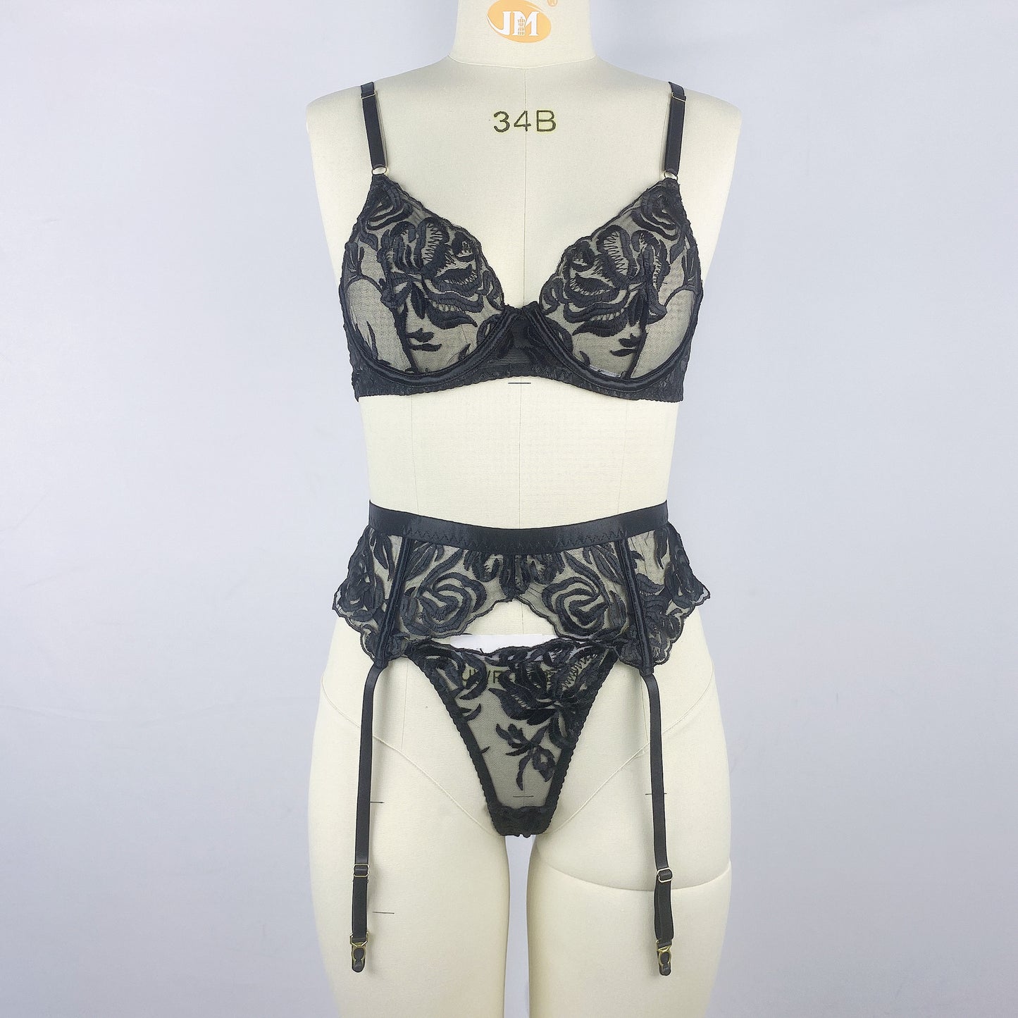 Black Flower Embroidered Ribbon Steel Ring Bra T-back Three-piece Set